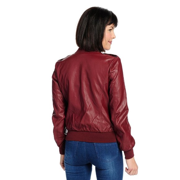 Red Wine Long Sleeve Faux Leather Bomber Jacket - Picture 3 of 5